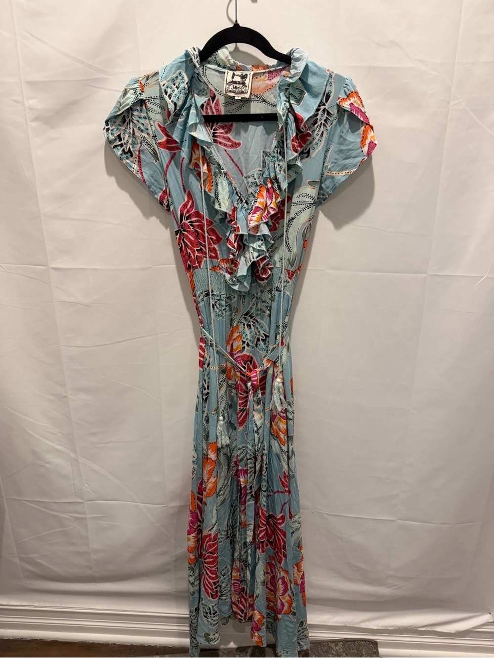 Jaase Anthropologie Ruffled V-Neck Floral Maxi Dress in Light Blue.size S.boho